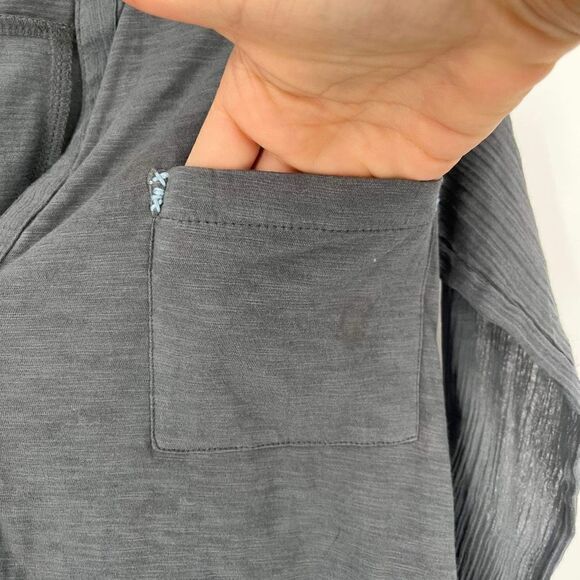 Anthropologie‎ Paper Locket Gray Crepe Drapey Contrast Blue Stitch Top Shirt XS - Picture 6 of 13